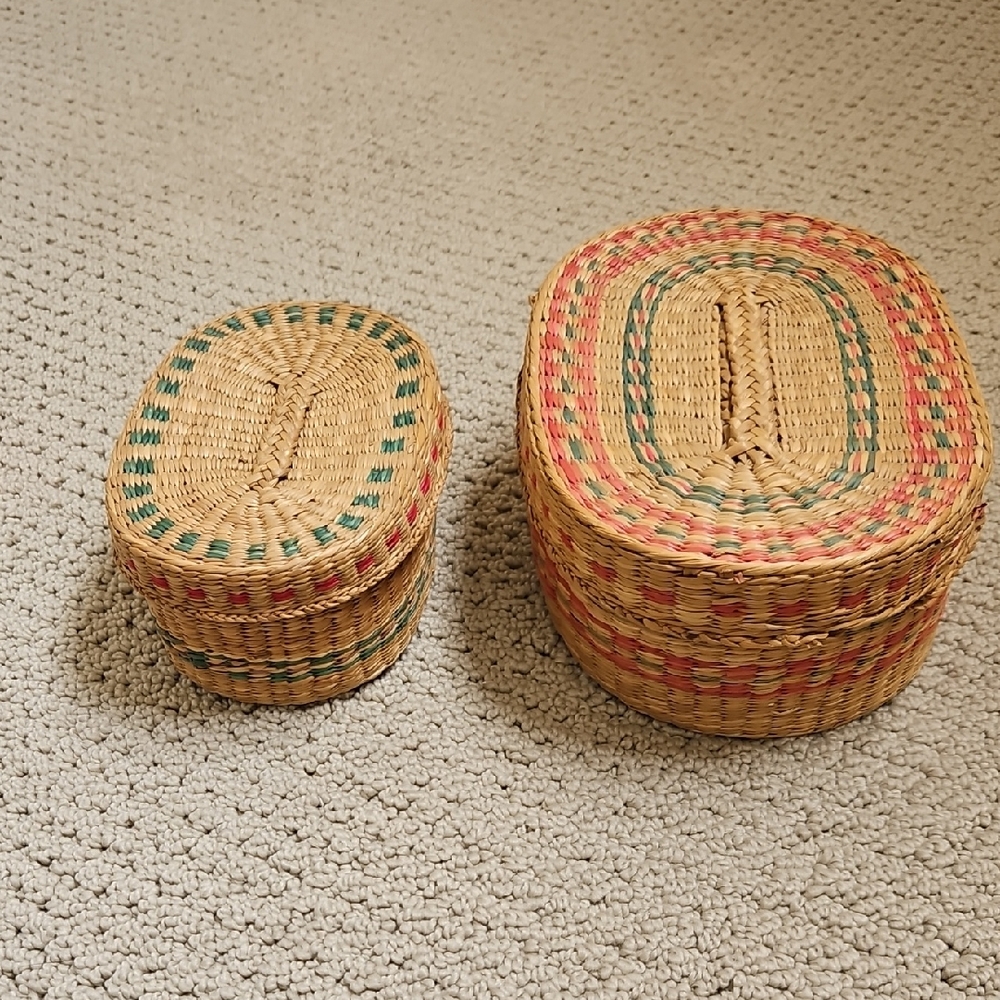 Handwoven Natural Straw Storage Baskets with Green and Red Accents - Set of 2